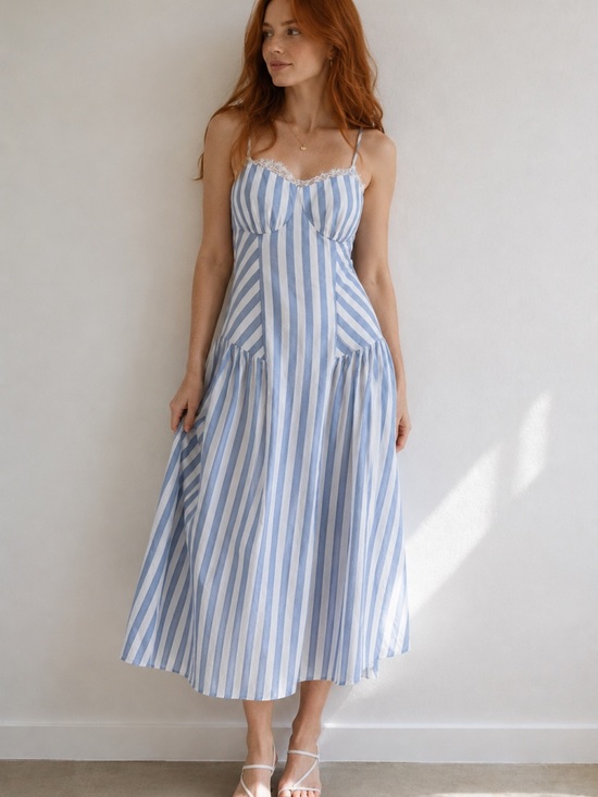 Commense Dresses & Skirts - NWT Commense Blue White Striped Midi Dress Women Medium Cotton Lace Trim